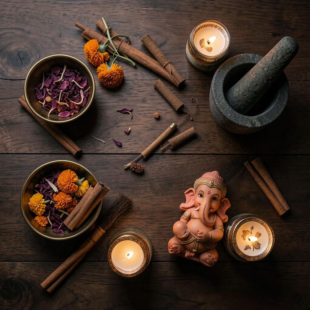 Workshop table with candles, Ganesha idol, flowers and dhoop ingredients